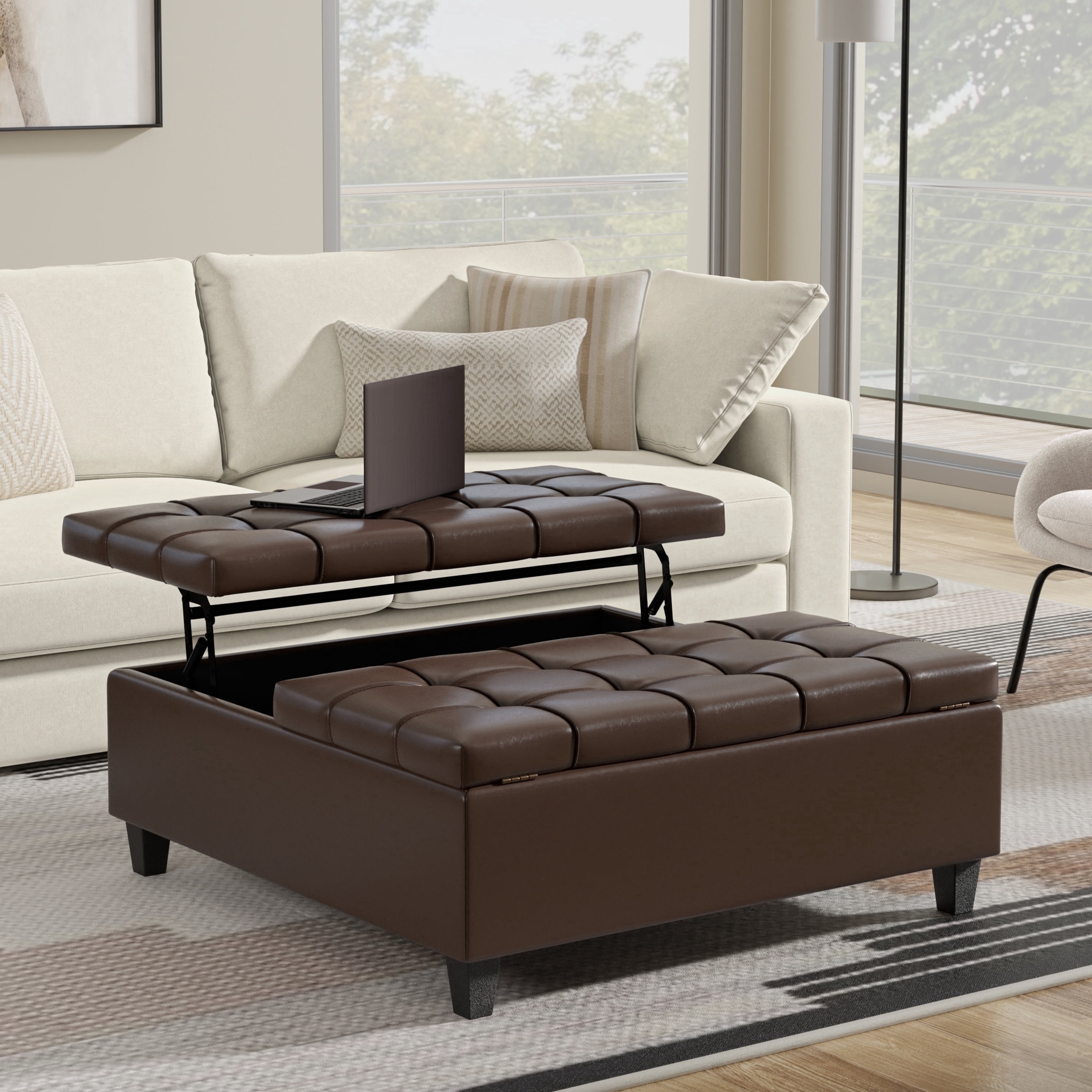 Simpli Home Harrison 40 inch Wide Transitional Square Large Coffee Table Storage Ottoman in Chocolate Brown Vegan Faux Leather