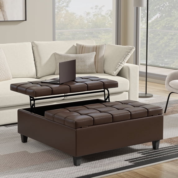 Simpli Home Harrison 40 inch Wide Transitional Square Large Coffee Table Storage Ottoman in Chocolate Brown Vegan Faux Leather