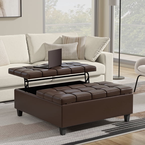 Simpli Home Harrison 40 inch Wide Transitional Square Large Coffee Table Storage Ottoman in Chocolate Brown Vegan Faux Leather