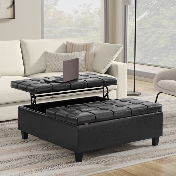 Simpli Home Harrison 40 inch Wide Transitional Square Large Coffee Table Storage Ottoman in Distressed Black Vegan Faux Leather