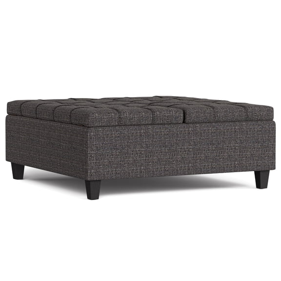 Simpli Home Harrison 40 inch Wide Transitional Square Large Coffee Table Storage Ottoman in Ebony Polyester Tweed