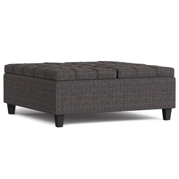 Simpli Home Harrison 40 inch Wide Transitional Square Large Coffee Table Storage Ottoman in Ebony Polyester Tweed