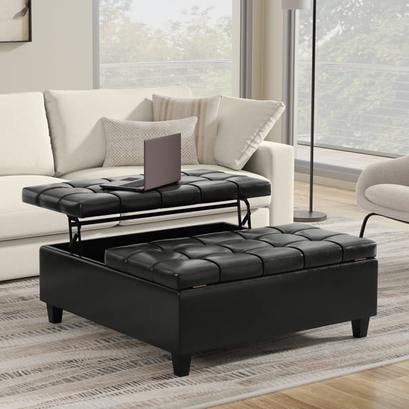 Simpli Home Harrison 40 inch Wide Transitional Square Large Coffee Table Storage Ottoman in Midnight Black Vegan Faux Leather