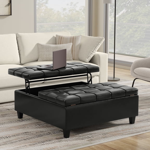 Simpli Home Harrison 40 inch Wide Transitional Square Large Coffee Table Storage Ottoman in Midnight Black Vegan Faux Leather