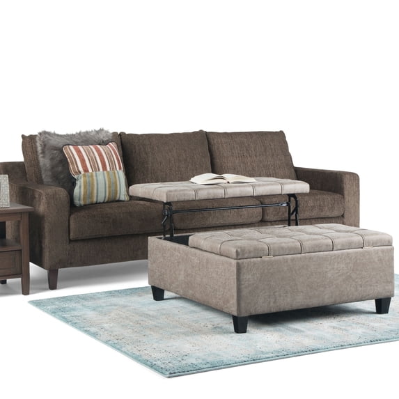 Harrison 36 inch Wide Transitional Coffee Table Storage Ottoman in Distressed Grey Taupe Vegan Leather
