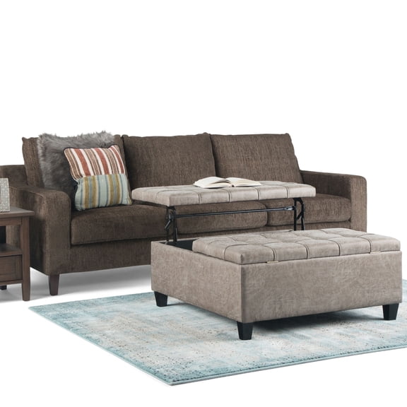 Harrison 36 inch Wide Transitional Coffee Table Storage Ottoman in Distressed Grey Taupe Vegan Leather