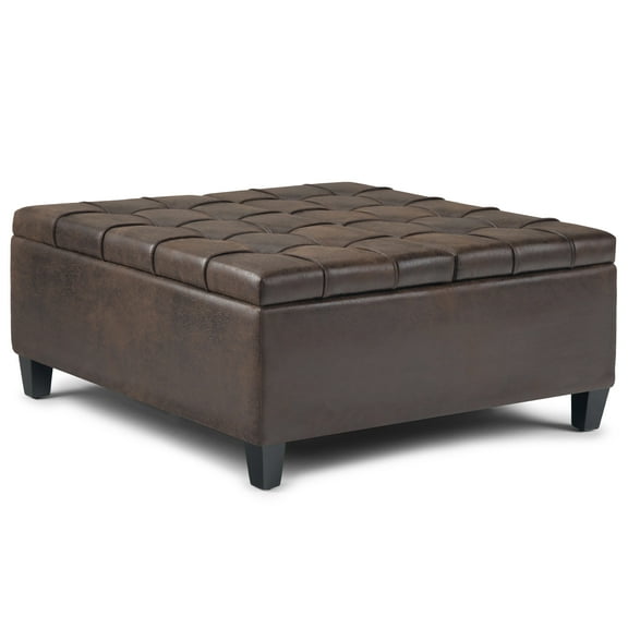 Harrison 36 inch Wide Transitional Coffee Table Storage Ottoman in Distressed Brown Vegan Leather