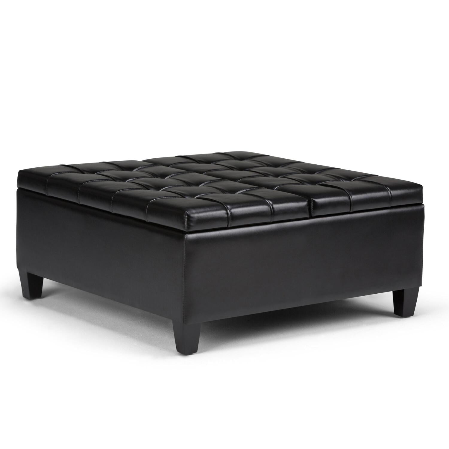 Midnight Black Tufted Faux Leather 36" Square Storage Ottoman