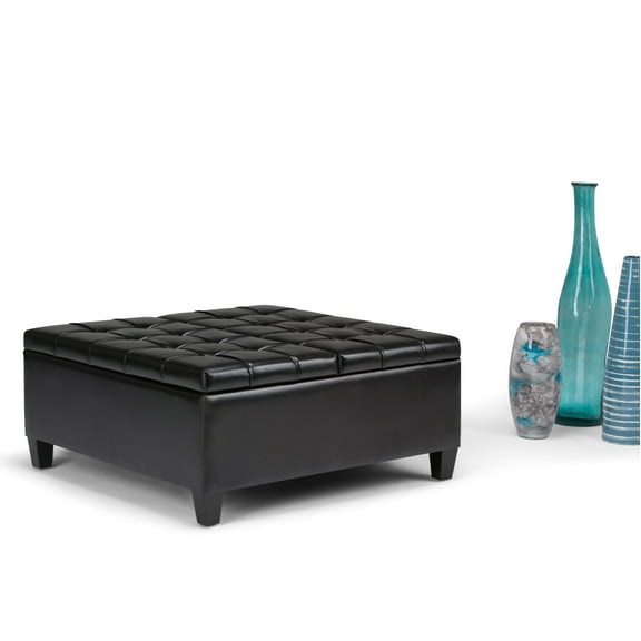 Simpli Home Harrison 36" Transitional Square Coffee Table Ottoman in Black Faux Leather
