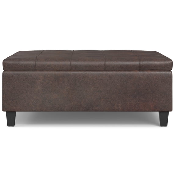 Harrison 40 inch Wide Transitional Large Square Coffee Table Storage Ottoman in Distressed Brown Vegan Leather