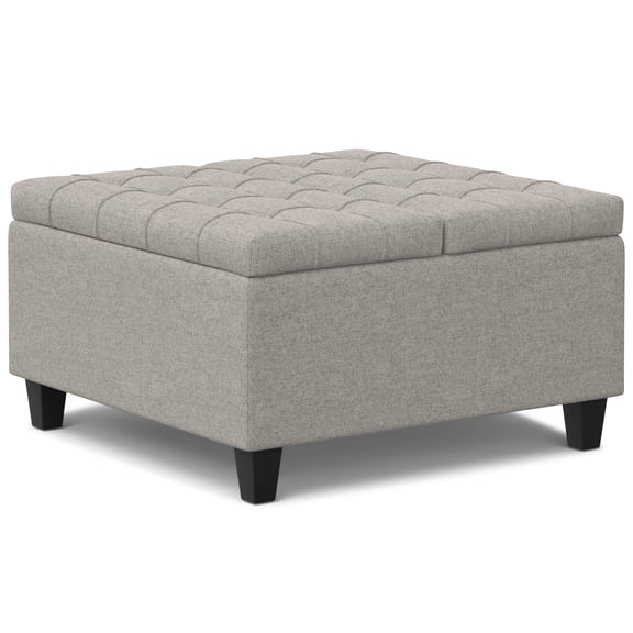 Harrison 30 inch Wide Transitional Small Square Coffee Table Storage Ottoman in Cloud Grey Linen Look Fabric