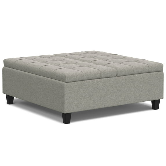 Harrison 40 inch Wide Transitional Large Square Coffee Table Storage Ottoman in Cloud Grey Linen Look Fabric