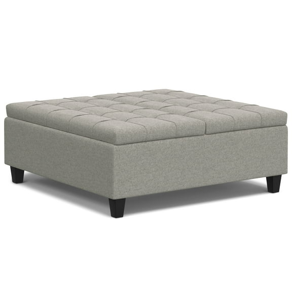 Harrison 40 inch Wide Transitional Large Square Coffee Table Storage Ottoman in Cloud Grey Linen Look Fabric