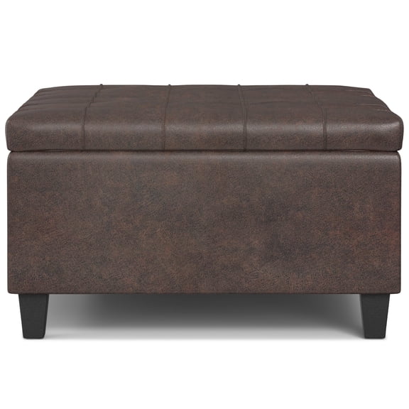 Harrison 30 inch Wide Transitional Small Square Coffee Table Storage Ottoman in Distressed Brown Vegan Leather