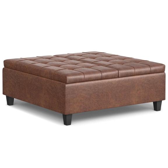Harrison 40 inch Wide Transitional Large Square Coffee Table Storage Ottoman in Distressed Saddle Brown Vegan Leather