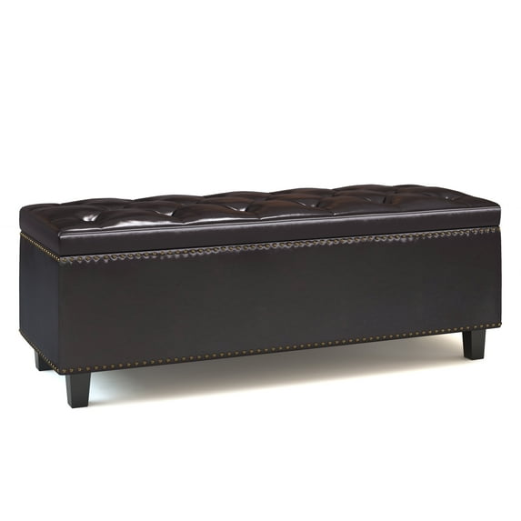 Simpli Home Heatherton 48 in. Wide Traditional Rectangle Storage Ottoman in Tanners Brown Faux Leather