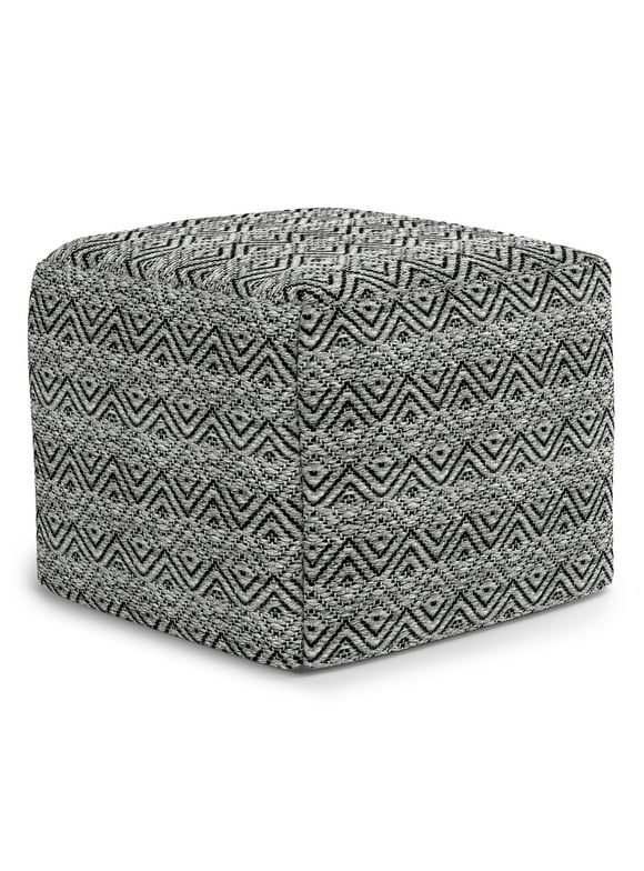 Simpli Home Hendrik Boho Square Woven Pouf in Grey/Black Recycled PET Polyester