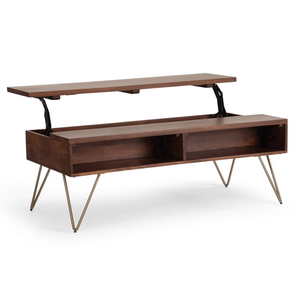 Simpli Home Hunter 48 inch Wide Solid Mango Wood Industrial Lift Top Coffee Table in Umber Brown