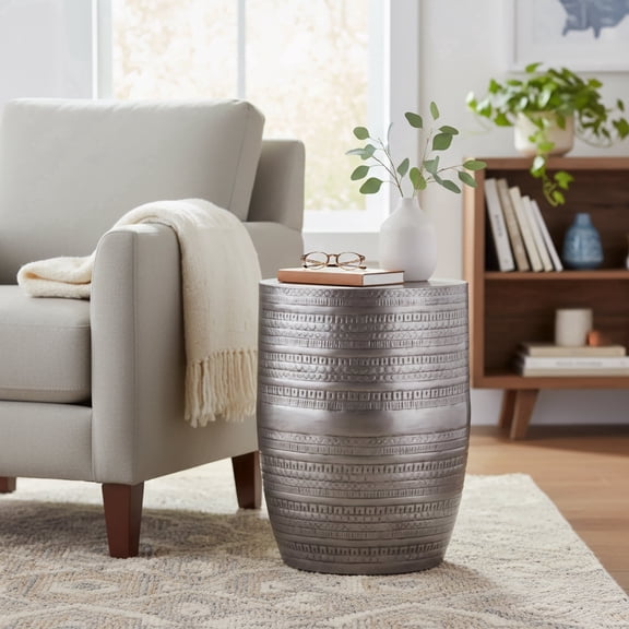 Simpli Home Johnsen 15 inch Wide Metal Drum Accent Table, Distressed Nickel