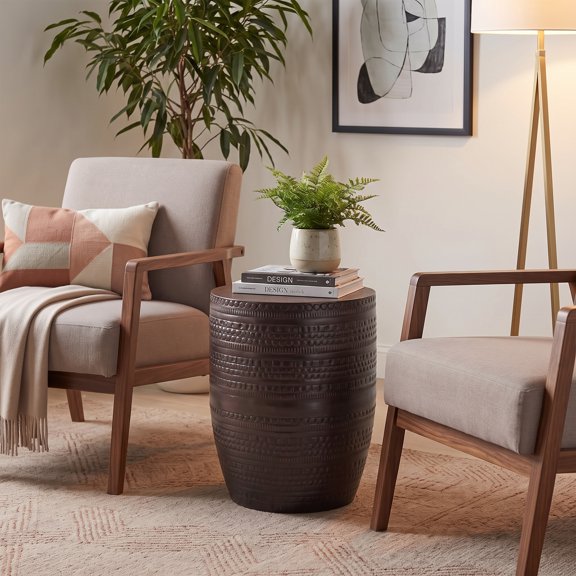 Simpli Home Johnsen 15 inch Wide Tribal Pattern Metal Accent Table in Bronze Iron, Assembled