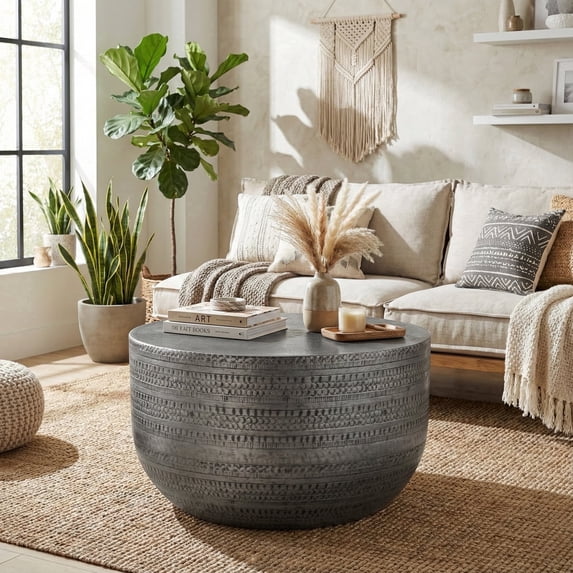 Simpli Home Johnsen 30 inch Wide Metal Drum Coffee Table, Distressed Nickel
