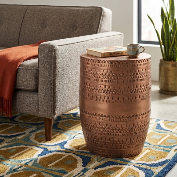 Simpli Home Johnsen 15 inch Wide Tribal Pattern Metal Accent Table in Antique Cooper Iron, Assembled