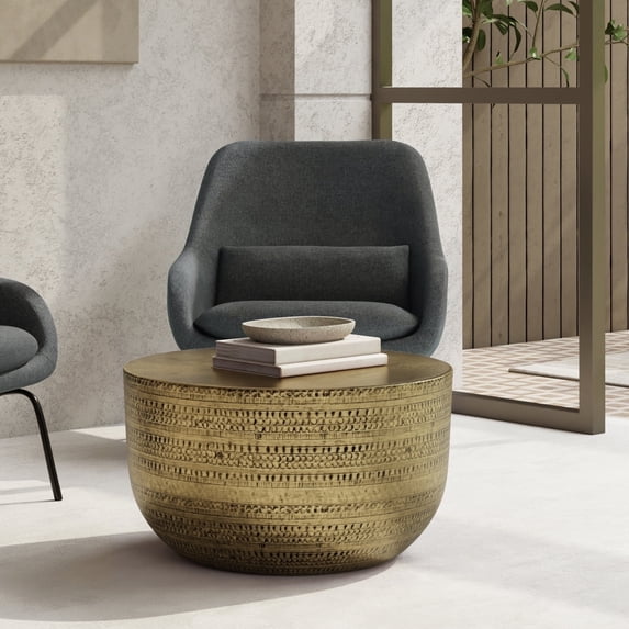 Johnsen 29.5 inch Wide Boho Metal Coffee Table in Antique Gold Iron, Assembled