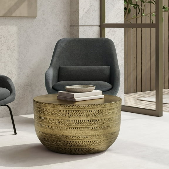 Johnsen 29.5 inch Wide Boho Metal Coffee Table in Antique Gold Iron, Assembled