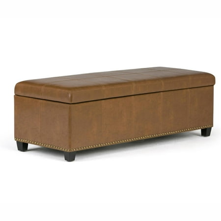 Simpli Home - Kingsley Rectangular Bonded Leather Bench Ottoman With Inner Storage - Burnt Umber Tan