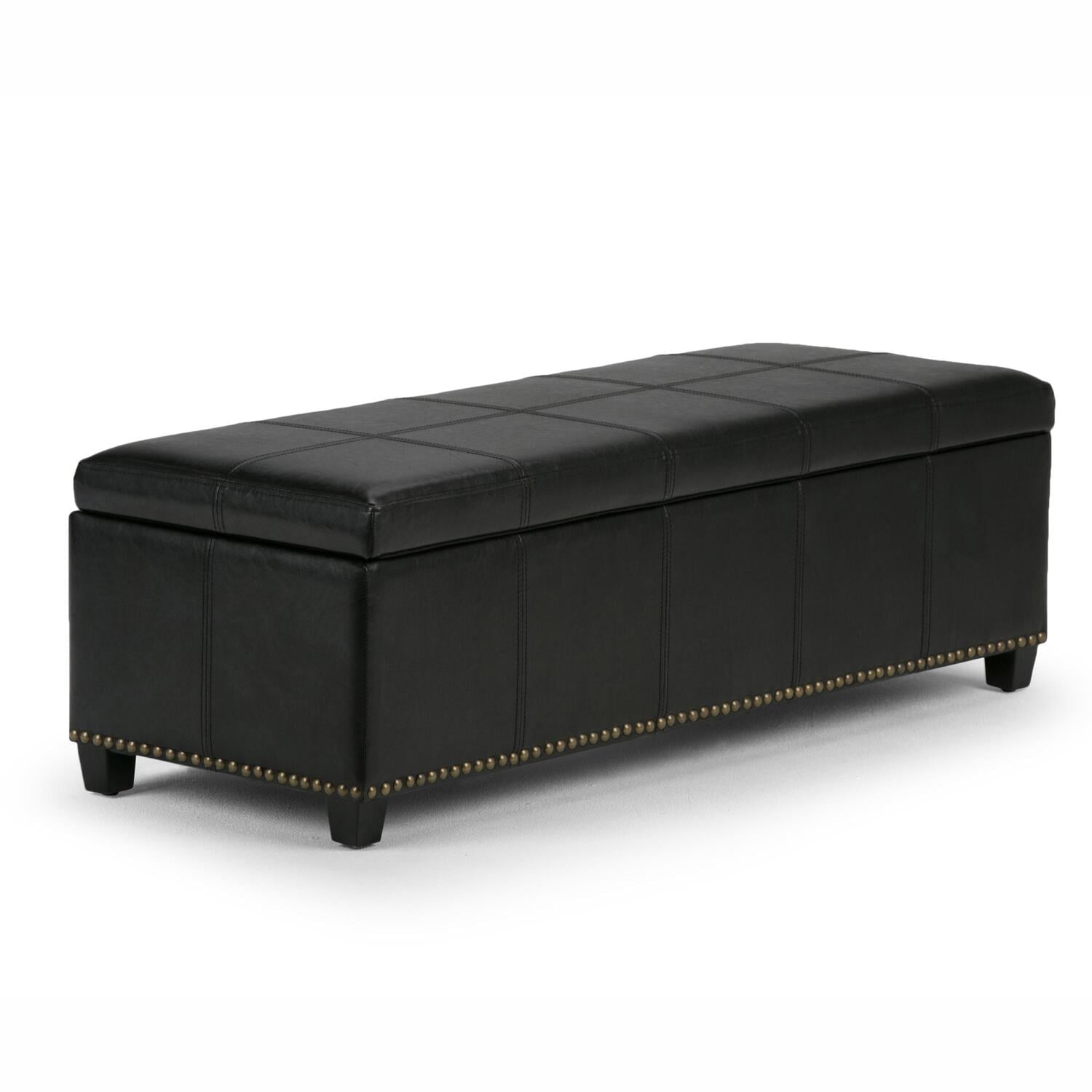 Midnight Black Bonded Leather Large Rectangular Storage Ottoman Bench