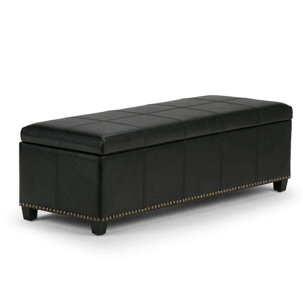 Midnight Black Bonded Leather Large Rectangular Storage Ottoman Bench