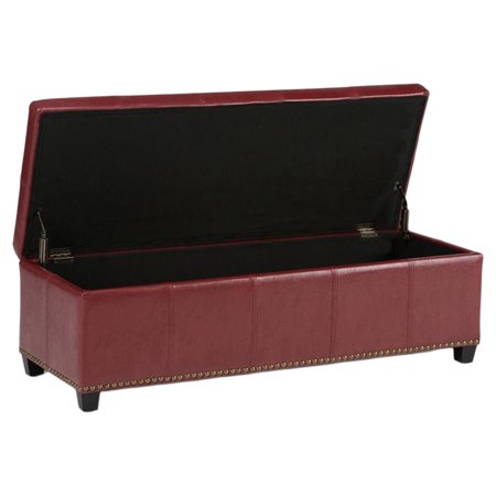 Simpli Home Kingsley Faux Leather Storage Bench in Radicchio Red