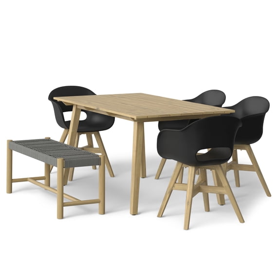 Simpli Home Kona Solid Acacia Wood 65 inch Wide Rectangle Contemporary 6 Piece Outdoor Dining Set in Light Teak / Black