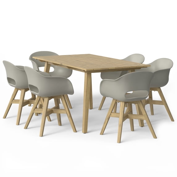 Simpli Home Kona Solid Acacia Wood 65 inch Wide Rectangle Contemporary 7 Piece Outdoor Dining Set in Taupe