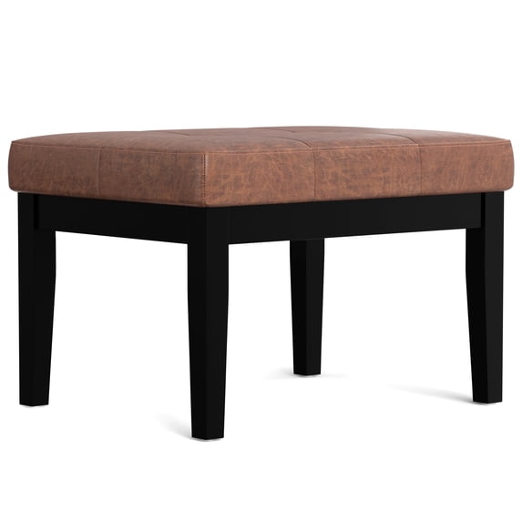 Simpli Home Lacey 26 inch Wide Contemporary Rectangle Small Tufted Ottoman Bench in Distressed Saddle Brown Vegan Faux Leather
