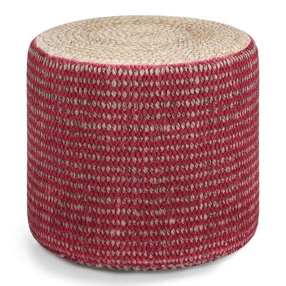 Simpli Home Larissa Boho Round Braided Pouf in Natural and Maroon Jute