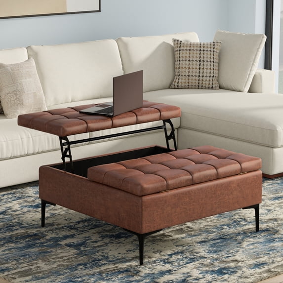 Simpli Home Laura 30W Small Square Split Lift Top Storage Ottoman