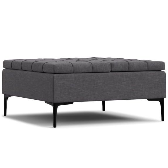 Laura 36 inch Wide Transitional Square Mid Century Lift Top Storage Ottoman in Slate Grey Polyester Linen, Assembled
