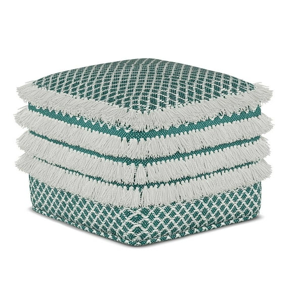 Simpli Home Leah Boho Square Woven Pouf in Turquoise and White
