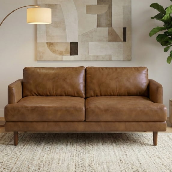 Livingston 76 inch Wide Mid-Century Modern Sofa in Caramel Brown Top Grain Genuine Leather