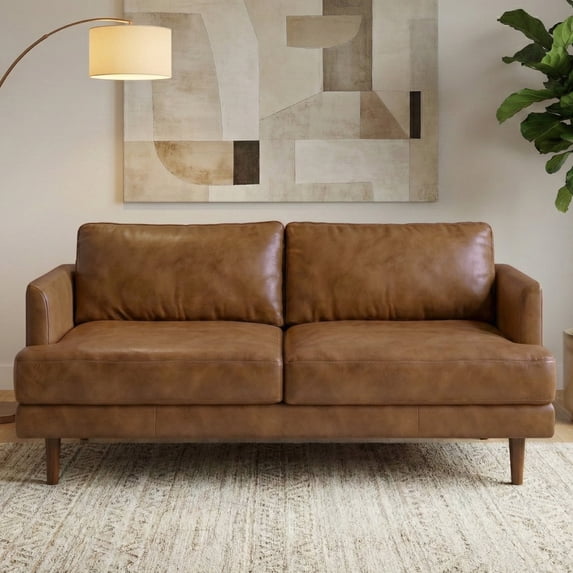 Simpli Home Livingston 76 inch Wide Mid-Century Modern Sofa in Caramel Brown Top Grain Genuine Leather