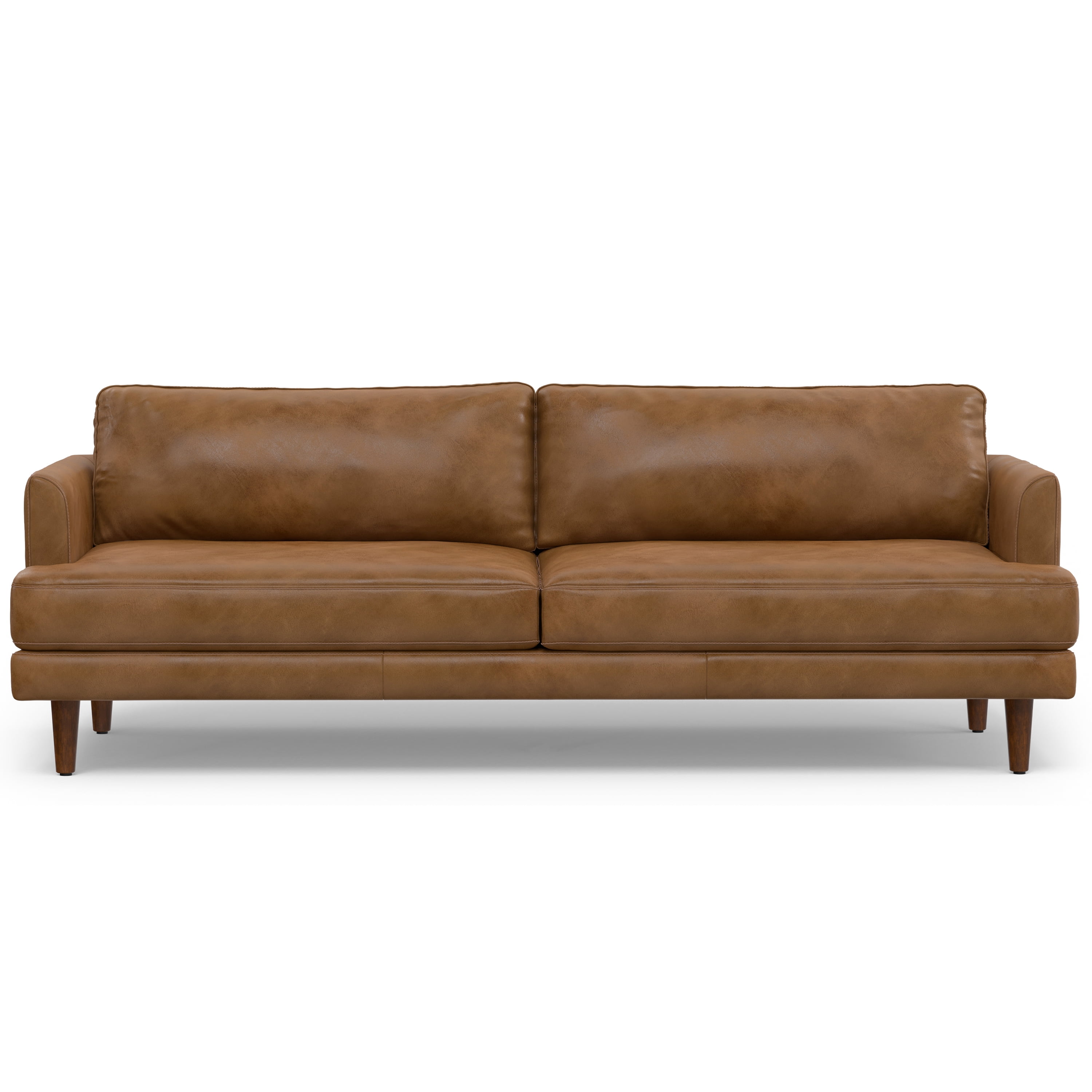 Caramel Brown Genuine Leather Mid-Century Modern Sofa with Removable Cushions