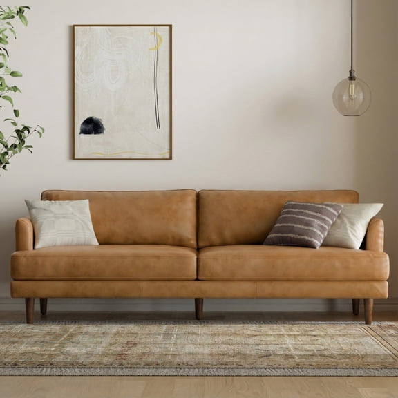 Livingston 90 inch Wide Mid-Century Modern Sofa in Sienna Top Grain Genuine Leather