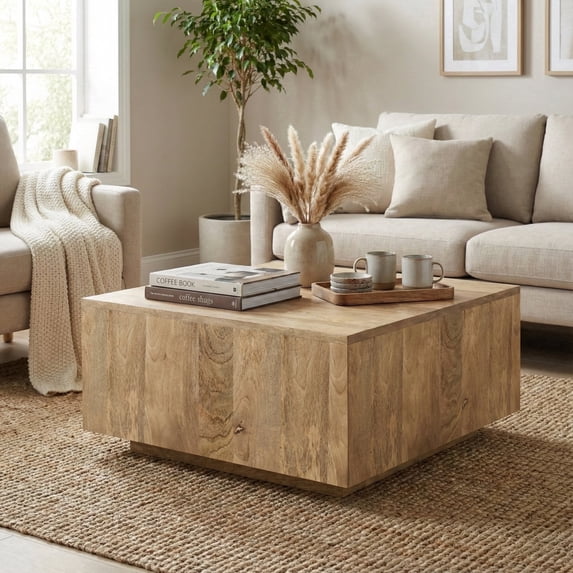 Simpli Home Lockhart 30 inch Wide Solid Mango Wood Square Coffee Table, Natural Blonde