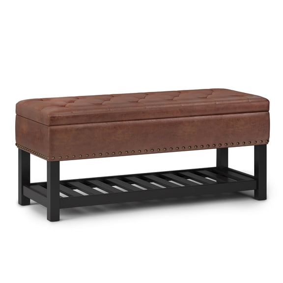 Simpli Home Lomond 43" Wd. Storage Ottoman Bench in Distressed Saddle Brown Faux Leather