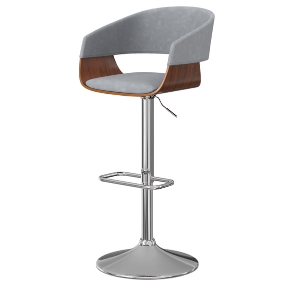 Simpli Home Lowell Mid Century Modern Adjustable Swivel Bar Stool in Stone Grey Vegan Faux Leather
