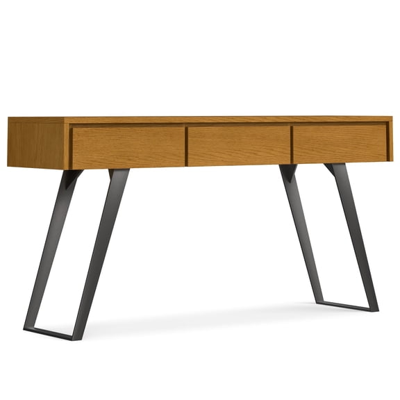 Simpli Home Lowry 60 inch Wide Modern Industrial Console Sofa Living Room Display Table in Oak Veneer