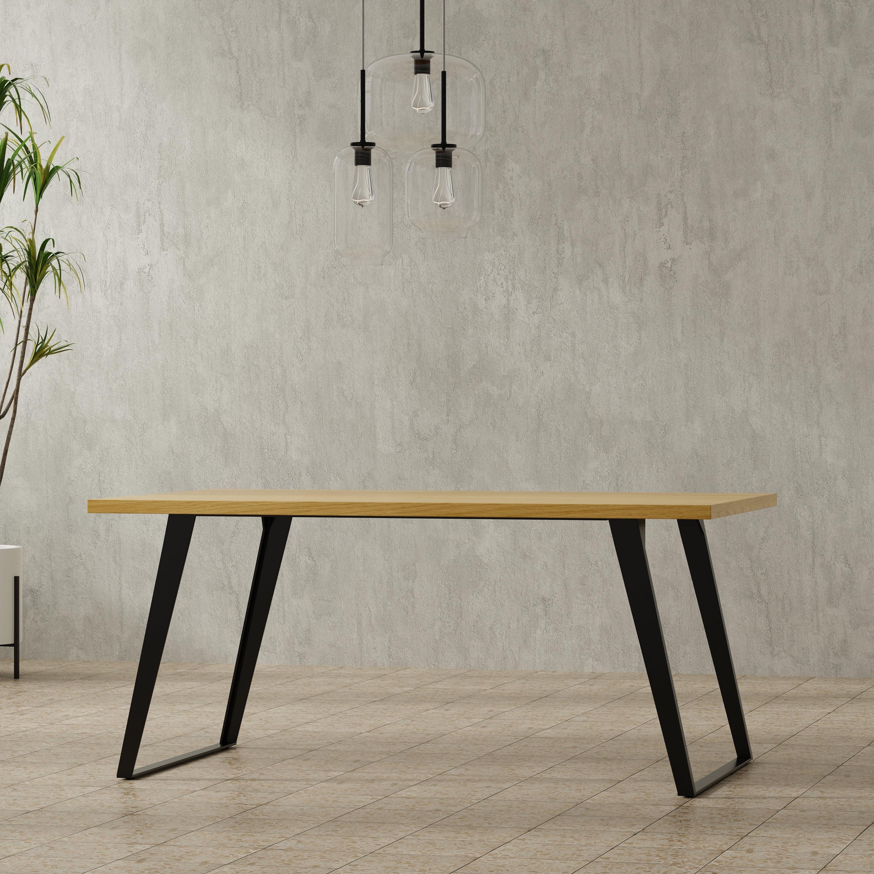 Lowry Industrial Oak Veneer Wood Dining Table with Black Metal Legs