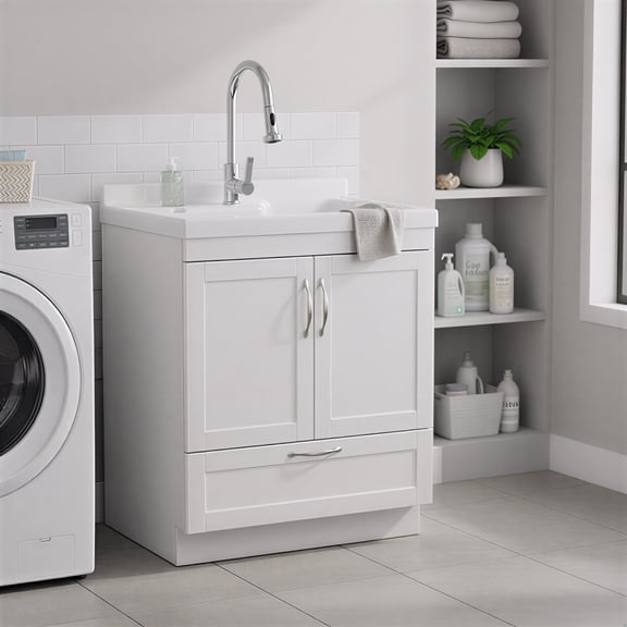 Simpli Home Maile 28 inch Wide Utility Sink and Laundry Cabinet, Glacier White Finish