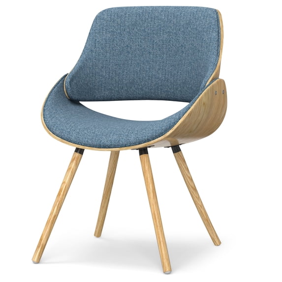 Simpli Home Malden Bentwood Dining Chair with Wood Back in Light Wood in Denim Blue Linen Look Fabric